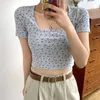 ブルースモールフローラル半袖Tシャツ2020春と夏の正方形カラーショートダイバートップレディースセクシーな女の子女性UDGM x0628