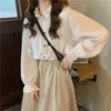 Blanc Vintage coréen chemise femmes col montant lanterne manches hauts solide lâche mode dames Blusas Femme 210513