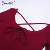 Elegante lace up mulheres vestidos de malha manga longa sexy vinho elástico vermelho camisola casual bodycon vestido vestidos 210414