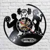 Fitness Vinyl Record Clock Sport Body Health Handmade Sports GYM Wall Art Bodybuilding Room Decor Dumbbell Vintage LP Wall Clock 211110