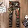 European Style Men's Army Green Loose Set Hip Hop 2 Pieces Embroidered Phoenix Flower Men Clothes Hole Ripped Denim Vests Pants G1209