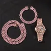 Män Halsband Iced Out Miami Kubansk kedja Hip Hop Smycken Rose Gold Silver Diamond Watch Halsband Armband Set