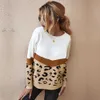 Moda leopardo retalhos outono inverno senhoras camisola de malha mulheres o-pescoço de manga cheia jumper pullovers top khaki marrom 210812