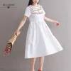 Mori menina verão mulheres vestidos branco azul algodão linho vestidos manga curta floral bordado elegante cordão midi vestido 210520