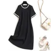 Summer Designers Short Sleeve Women Solid Luxury Beading Dress Elegant Casual Knee Length Party Office Robe Femme 210601