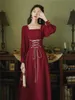 YOSIMI Printemps Rouge Vin Longue Femmes Robe Vintage Col Carré Pleine Manches Midi Bandage Robe Feminino 210604