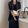Korejpaa Kadınlar Elbise Yaz Kore Moda Zarif Mizaç Sivri Yaka Inci Dantel Dikiş Gevşek Doku Elbiseler 210526