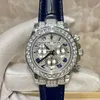 Lyx klockor 116599 12SA 40mm Steel Diamond ETA7750 Automatisk kronograf Mens Watch Sapphire Pavé Diamants Ring Läderband Gents Armbandsur