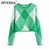 KPYTOMOA Women Fashion Argyle Jacquard Cropped Knit Cardigan Sweater Vintage O Neck Long Sleeve Female Outerwear Chic Tops 211103