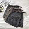 Skirts Womens Casual A-line Belt Black High Waist Pencil Autumn Female Elegant Plaid Korean kawaii Mini 210514