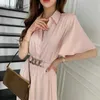 Korejpaa Women Dress Summer Korean Fashion Chic Elegant Lapel Single-row Buckle Waist Belt Short-sleeve Shirt Dresses 210526