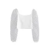 Mesh Patchwork Bluzki Kobiety Przezroczysty Z Długim Rękawem Crop Top Kobieta Moda Krótka Bluzka Koszula Tunika Chemisier Femme 210508