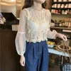 Arrival Lace Mesh Top Flower Lantern Sleeve Loose Retro Short Pullover Blouses Shirts Women Fashion Cute Voile Suits 12024 210415