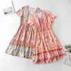 Foridol Summer Boho Stampa floreale Boho Abito corto da spiaggia Scollo a V Bottone con volant Casual Pink Holiday Vintage Sash Abito casual 210415