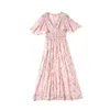 Summer Pink Fairy Women Elegant V-neck Lotus Leaf Sleeve Flower Printed Chiffon Female Lace Hollow Out Party Dress 210416