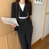 Black Solid Short Sleeves Plus Summer V-Neck Gentle Blazers +OL Loose Casual Straight Pants Suits Two Piece Sets 210525