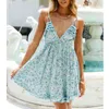 Sweet Floral Print Sexig Sling Klänning Kvinnor V Nacke Ärmlös Backless Vestido Mujer Holiday Summer Beach Short Robe 210430