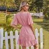 Vintage Polka Dot Różowy Summer Sukienka Dla Kobiet Casual Boho Beach Styl Mini Sukienka Krótki Rękaw Flare V Neck Sundress 210415