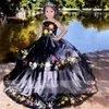 2022 Gotisk svart broderad pageant quinceanera klänningar toddler strapless satin blomma flicka klänning för mexcian bröllop