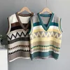 FORYUNSHES Brown Plaid Sweater Vest Women Harajuku Sleeveless knitted Jumper Oversized Pullovers Sweaters Cropped Tank Tops 210709