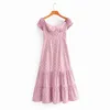 Powrót Lace Up Daisy Drukuj Długie Letnia Sukienka Kobiety Vintage Chic Boho Maxi Beach Wakacje Pink Vestidos 210427