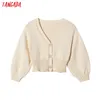 Women Beading Buttons Beige Crop Vintage Jumper Short Style Knitted Cardigan Coat 6H32 210416