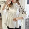 Wiosna Kobiety Moda Słodkie Kobiety Bluzka Koreański Ubrania Haft Kwiatowy Mandarin Collar Casual Preppy Style Koszule 210527