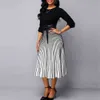 Women Dress 2021 Spring Casual Plus Size Slim Patchwork Striped Office A-Line Dresses Elegant Sexy Long Party Dress With PU Belt X0521