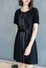 L80639# New Summer Women Fashion Dresses Round Collar Short Sleeve Lady Splice Korean Casual Dress With Belt Black Size S