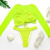 Neon gula grödor Top Badkläder Kvinnor Sommar Sexig Beachwear Mesh Långärmad Omslag Ups Tre Piece Swimsuit Bikini Set 210629