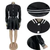 Women Fashion Patchwork Varsity Jacket Winter Leather Pleated Skirt Sexy Two Piece Set