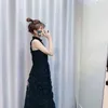우아한 여성 민소매 플로랄 파티 드레스 레이스 메쉬 스탠드 목 빈티지 긴 드레스 여성 블랙 컬러 패션 레이디 맥시 드레스 210414