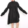 [EAM]女性黒プリーツ不規則なドレススタンドカラー長袖ルーズフィットファッションスプリングJO47800 21512