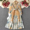 Kobiety Sąd Retro Drukuj Sukienka Linii Sprężyna Guzika z długim rękawem Eleganckie Vintage Odzież Vestidos S426 210527