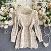 Women's crochet knit top solid cover up summer bohemian beachwear long sleeve square collar hollow out knitting blouse tops 210603