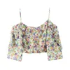 Women Sweet Floral Print Ruffled Crop Blouses Fashion V Neck Spaghetti Strap Female Shirts Chic Chiffon Tops 210430