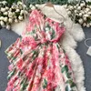 Neploe Summer Holiday Bohemian Print Long Dress Women High Waist Hip A Line Vestidos Slash Neck Shoulder Strapless Robe Slim 210630