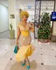 2022 Plus Storlek Arabisk Aso Ebi Yellow Mermaid Sexy Prom Klänningar Sheer Neck Beaded Evening Formell Party Andra Receptionen Födelsedagklänningar Klänning ZJ577