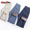 Värmad jeans för kvinnor på fleece lös harmvatten tjock avslappnad denim byxor kvinnors vinter med hög midja 210428