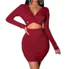 Casual Dresses RMSFE 2022 Ladies Autumn Solid Color Long Sleeve V-Neck Fashion Sexig Nightclub Wrap Chest and Navel kjolkl￤nning