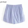 Luz azul listrado shorts mulheres elásticas cintura alta ocasional femme verão pantalones cortos de mujer 210514