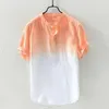 Men Cool Cotton Linen Shirt Breathable Gradient Color Casual Summer Short Sleeve Beach Tops Holiday Vacation Clothing -OPK 210721