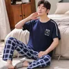 Plus Storlek Bomull Casual Plaid Short Sleeve Långbyxor Pajama Set för män Koreanska SleepWear Suit Pajama Man HomeWear Home Clothes 210901