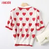 Tangada Women Heart Knitted Cardigan Sweater Jumper Vintage Short Sleeve Pearl Button-up Female Outerwear YU59 210609