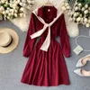 Kontrast Renk Şal Sahte Iki Parçalı Elbise Sonbahar Kore kadın Mizaç Baz Etek HK044 210506