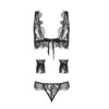 Female black sexy thin tether underwear lace perspective bra set sexy lingerie set three-piece set one size Q0818