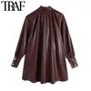 Traf Women Fashion with Bow Faux Leather Bluses Vintage High Neck Long Sleeve Kvinnliga skjortor Blusa Chic Tops 210415