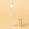 10 ml tom penna fyrkantig genomskinlig glasrulle på flaska med guldlock rostfritt stål rullboll för eterisk olja parfym