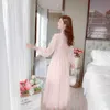 Elegant Lace Long Sleeve Dress Sweet Fairy Women Mesh Midi Korean Lady Birthday Party Clothing Spring 210604