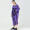 [EAM] Women Purple Big Size Printed Long Dress Round Neck Long Sleeve Loose Fit Fashion Spring Autumn 1DD5919 210512